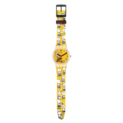 Relógio de pulso amarelo com personagens Peanuts e mostrador com Snoopy