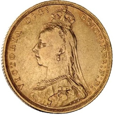 Moeda dourada com efígie da Rainha Vitória e texto ao redor
