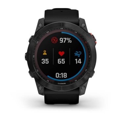 Relógio inteligente Garmin preto com mostrador digital circular mostrando métricas e ícones multicoloridos