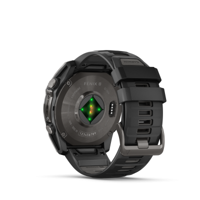 Relógio desportivo Garmin Fénix 8 preto visto de trás.
