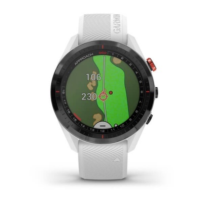Relógio inteligente Garmin com bracelete branca e mostrador circular colorido com mapa de golfe