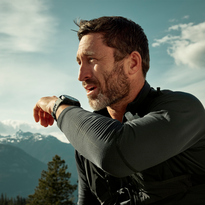 Homem com roupa desportiva preta usando relógio inteligente ao ar livre em montanha