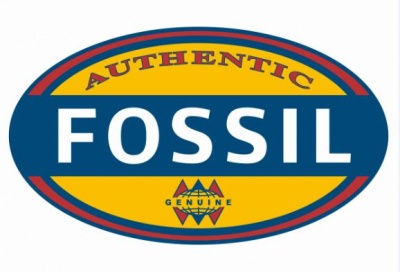 Logo oval da marca Fossil com fundo azul e amarelo e texto