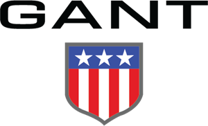 Logótipo GANT com escudo de estrelas brancas e listas vermelhas e brancas.