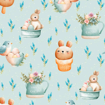 Tecido Páscoa |  Coelhinhos e Passarinhos fundo Azul