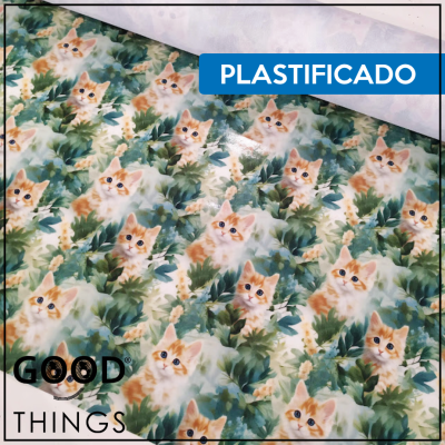 Tecido Plastificado | Gatos fundo Folhas Verdes