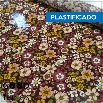 Tecido Plastificado | Floral fundo Bordeaux