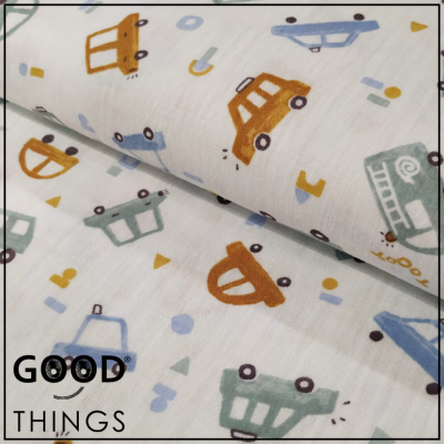 Musselina | Double Gauze | Carrinhos fundo Azul Claro