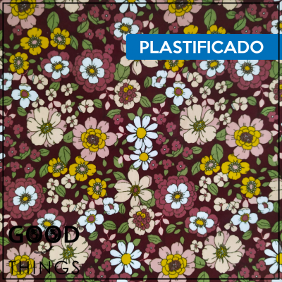 Tecido Plastificado | Floral fundo Bordeaux