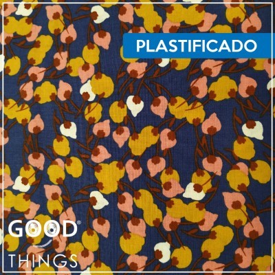 Tecido Plastificado | Folhas Rosa e Mostarda fundo Azul