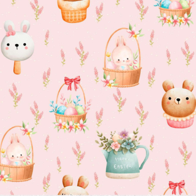 Tecido Páscoa | Coelhinhos no Cesto fundo Rosa