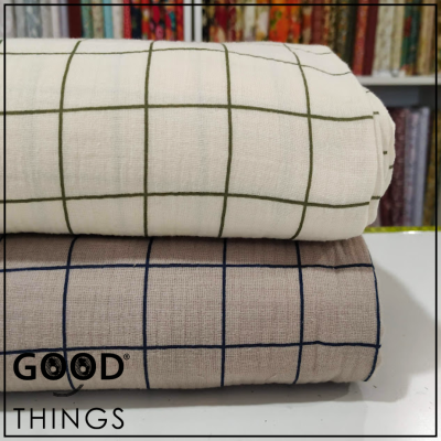 Musselina | Double Gauze | Xadrez Azul fundo Bege