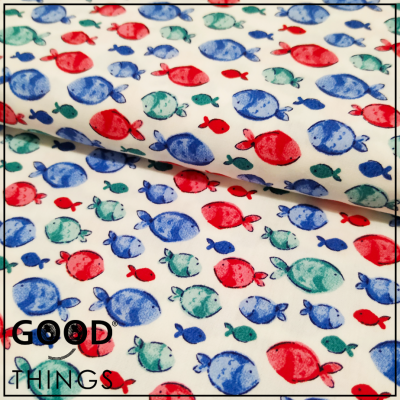 Tecido Algodão Orgânico | Peixinhos Azuis e Vermelhos
