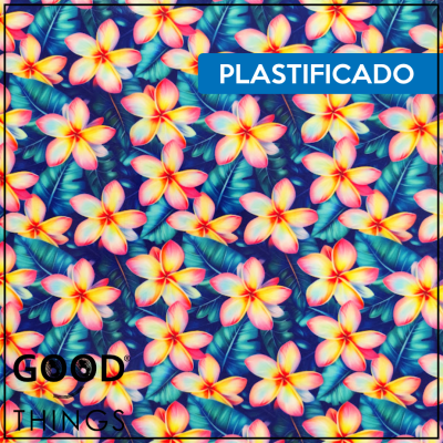 Tecido Plastificado | Plumérias fundo Azul