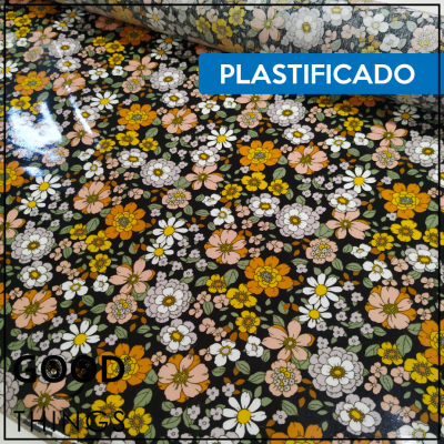 Tecido Plastificado | Floral fundo Preto