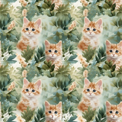 Tecido Plastificado | Gatos fundo Folhas Verdes