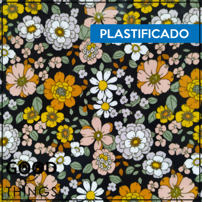 Tecido Plastificado | Floral fundo Preto
