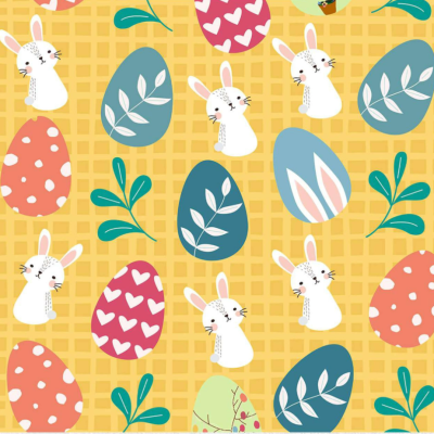 Tecido Páscoa | Coelhinhos e Ovinhos fundo Amarelo