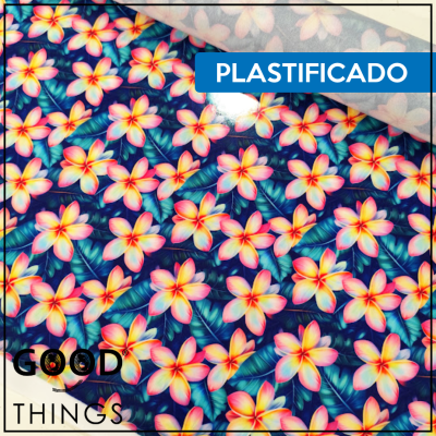 Tecido Plastificado | Plumérias fundo Azul