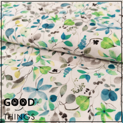 Tecido Flores Aguarela tons Verde e Azul