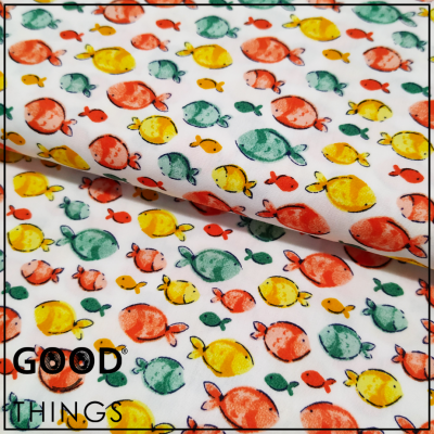 Tecido Algodão Orgânico | Peixinhos Laranjas, Amarelos e Verdes