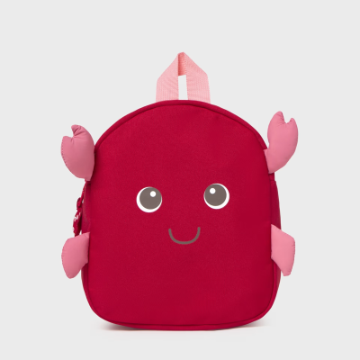 Mochila infantil rosa com olhos e sorriso, patas macias de caranguejo