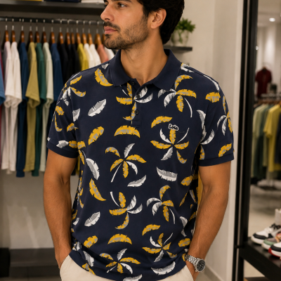 Homem com polo azul escuro estampado com folhas amarelas e brancas numa loja de roupa