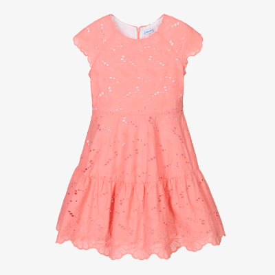 Vestido infantil cor de coral bordado com flores e mangas curtas