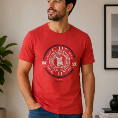 Camiseta vermelha de algodão com estampado circular e texto, usada por homem