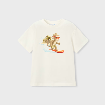 T-shirt infantil branca com macaco pixelizado a surfar e ilha ao fundo