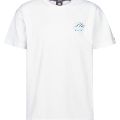 T-shirt branca com texto azul no peito e gola redonda