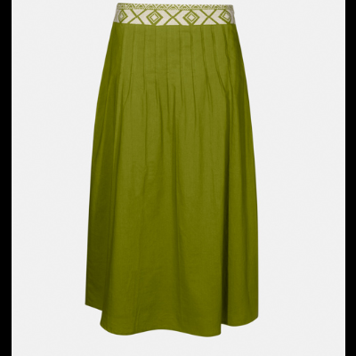 Saia midi verde com cintura estampada geométrica