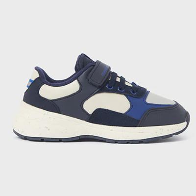 Ténis desportivo juvenil azul escuro e branco com fecho de velcro