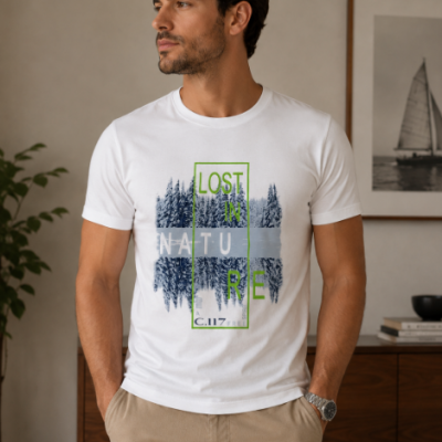 Homem a usar t-shirt branca com estampado azul e verde LOST IN NATURE em ambiente interior moderno