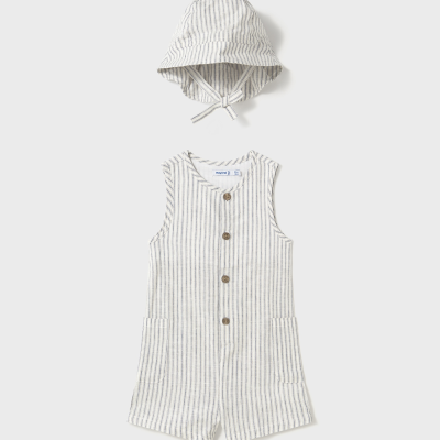 Conjunto de roupa para bebé com macacão e chapéu de riscas azuis e brancas