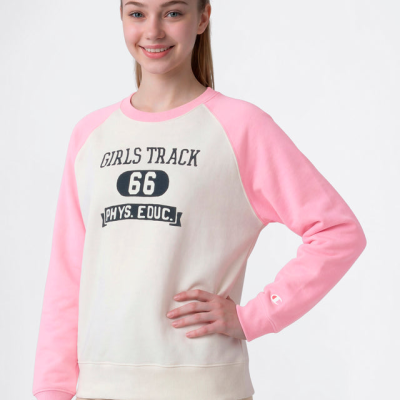 Sweatshirt feminina branco e rosa com texto Girls Track 66 Phys. Educ.