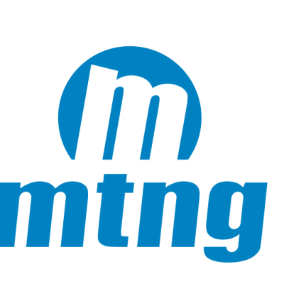 Logotipo com círculo azul e letras mtng em azul