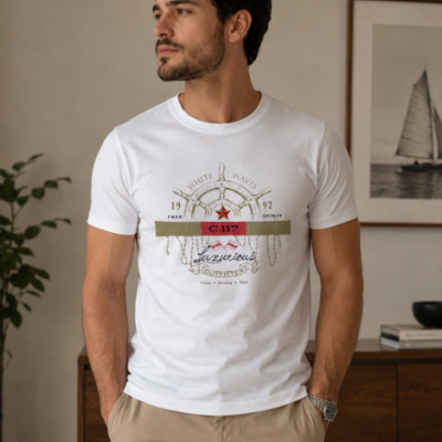 Homem com t-shirt branca estampada com tema náutico, calças bege e relógio, em ambiente interior com móvel de madeira.