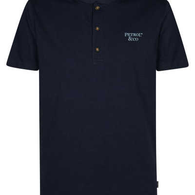 T-shirt azul escuro de algodão com botões e texto azul claro