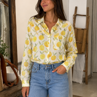 Mulher a usar camisa de limões amarelos com calças de ganga azul em ambiente interno