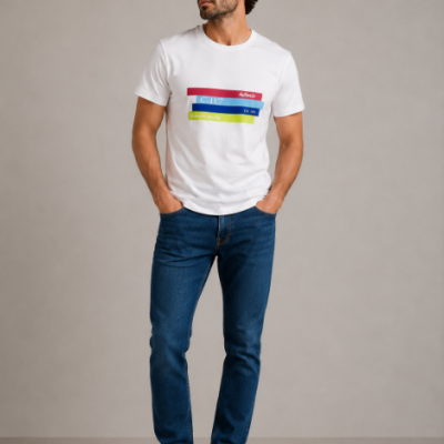 Homem com t-shirt branca estampada e jeans azul