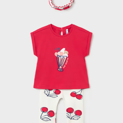 Conjunto de bebé com t-shirt rosa, leggings brancas com padrão de cerejas e faixa de cabelo