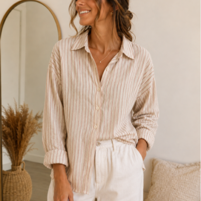 Mulher a usar camisa de riscas vermelhas e creme com calças brancas em ambiente interior neutro