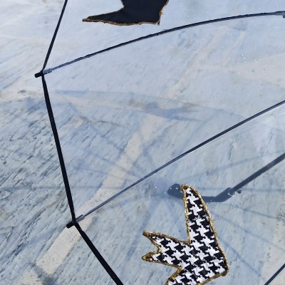 Guarda-chuva transparente com pássaros decorativos em preto e pied-de-poule.