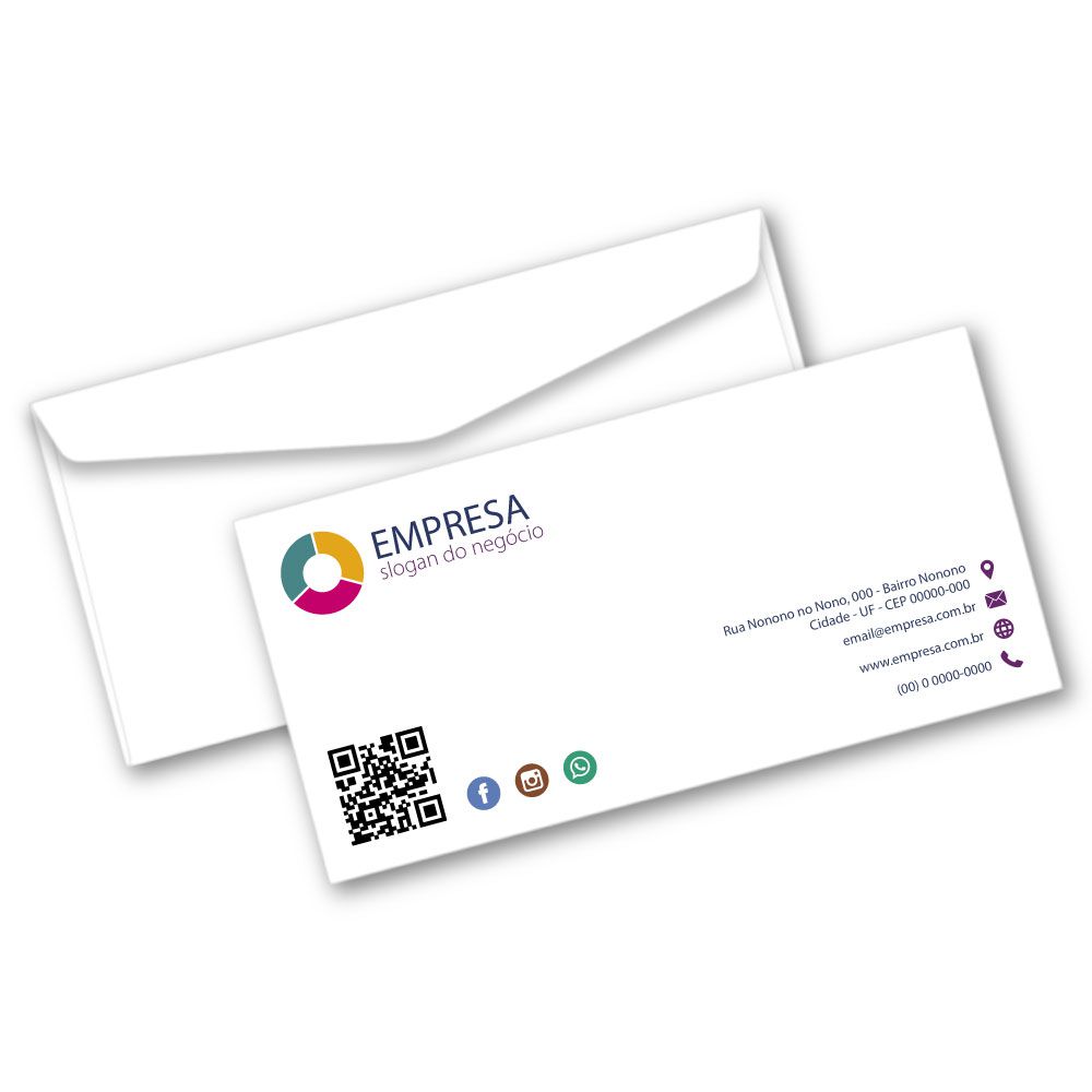 Envelope branco com cartão empresarial branco, logótipo colorido e texto de contacto.