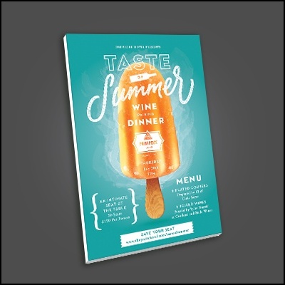 Folheto com gelado laranja e texto branco convidando para jantar de vinho e verão