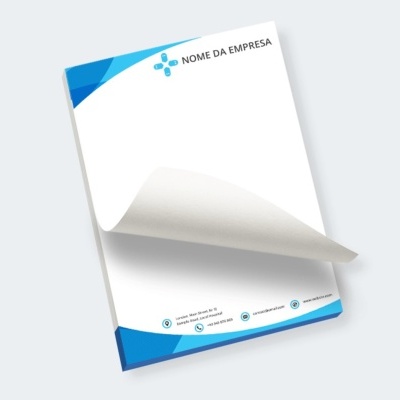 Folhas de papel com design azul e texto 'NOME DA EMPRESA', cantos dobrados
