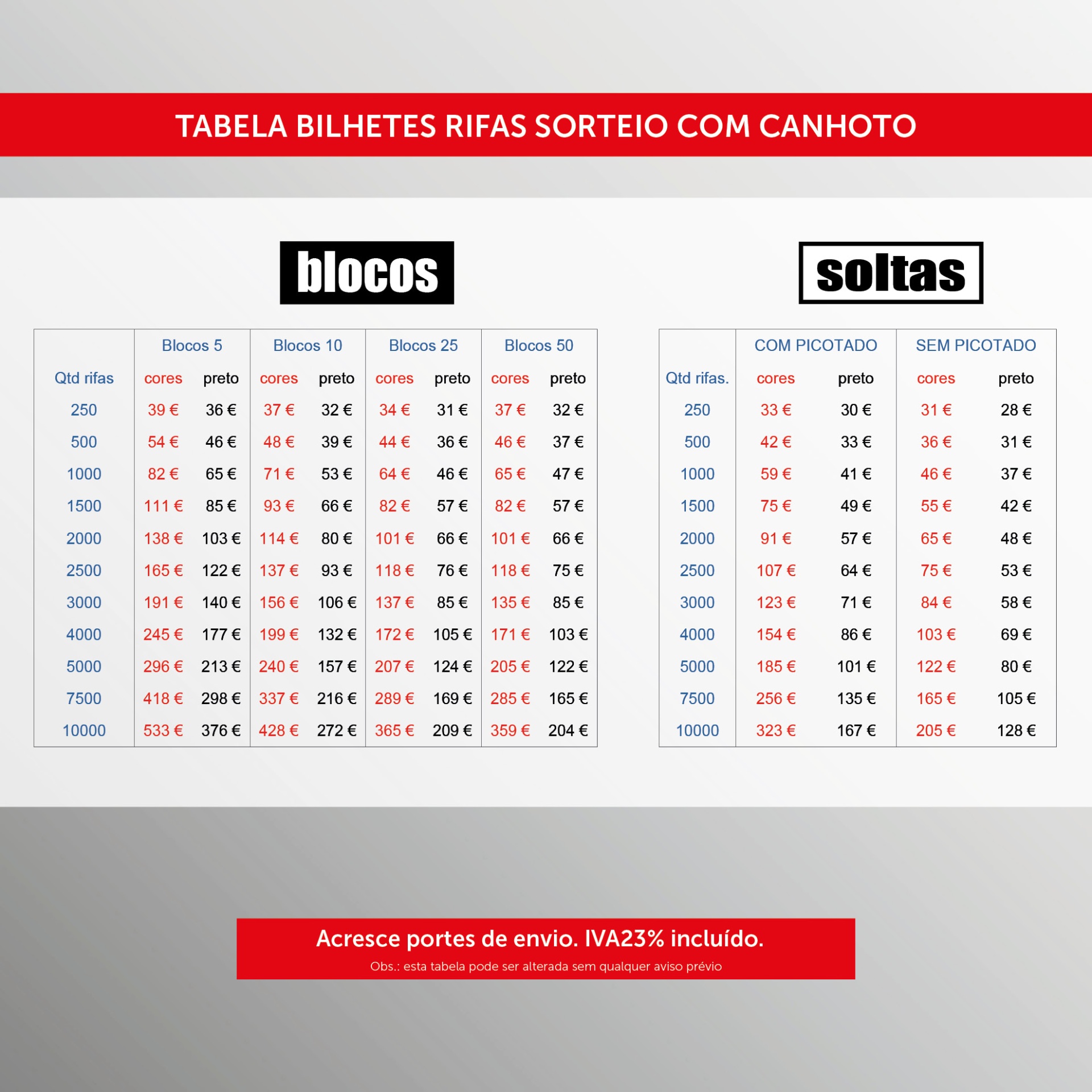 Bilhetes rifas de sorteio com canhoto - BLOCOS Tabela preços bilhetes rifas blocos e soltas com canhoto em português.