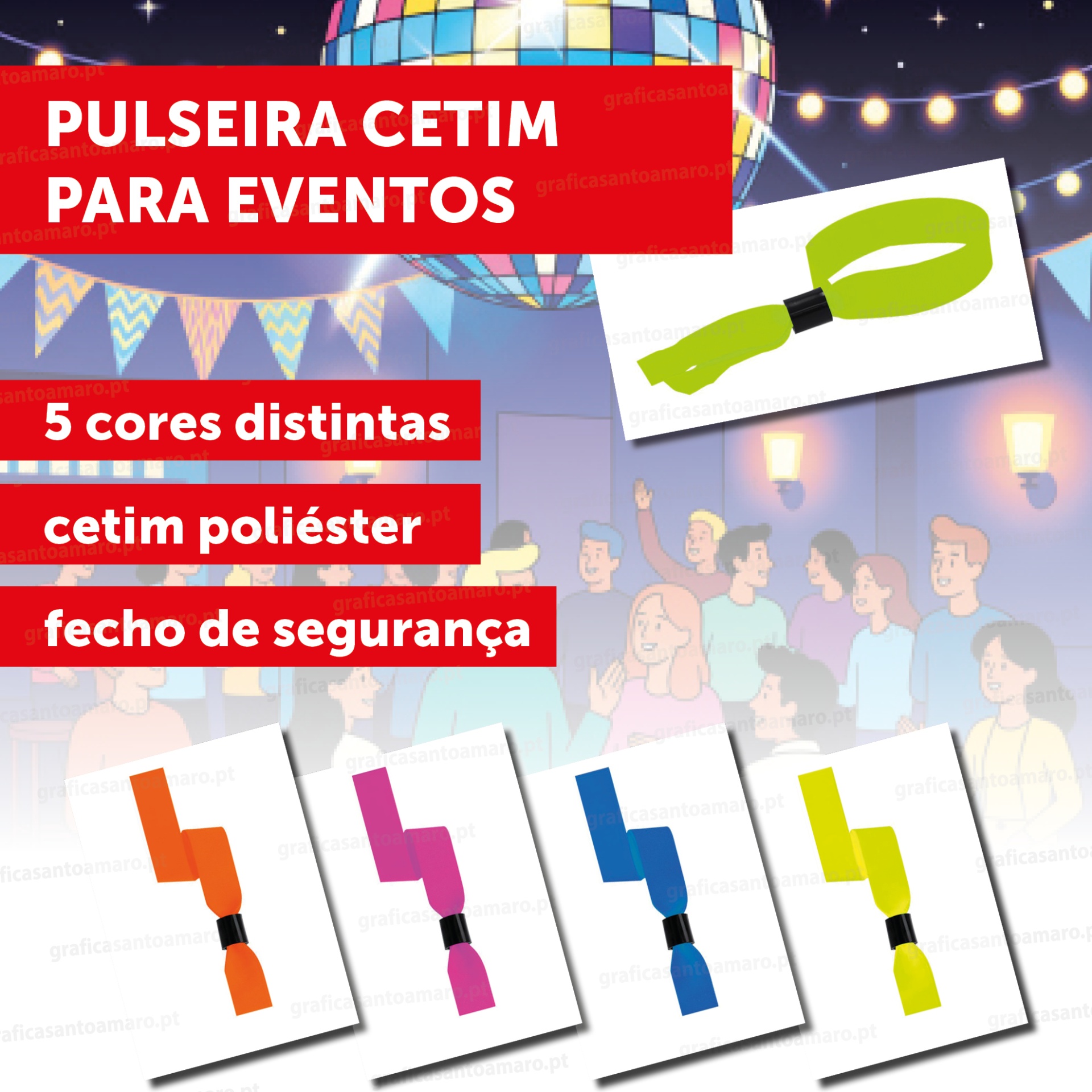 Pulseiras de cetim para eventos em cinco cores distintas com fecho de segurança