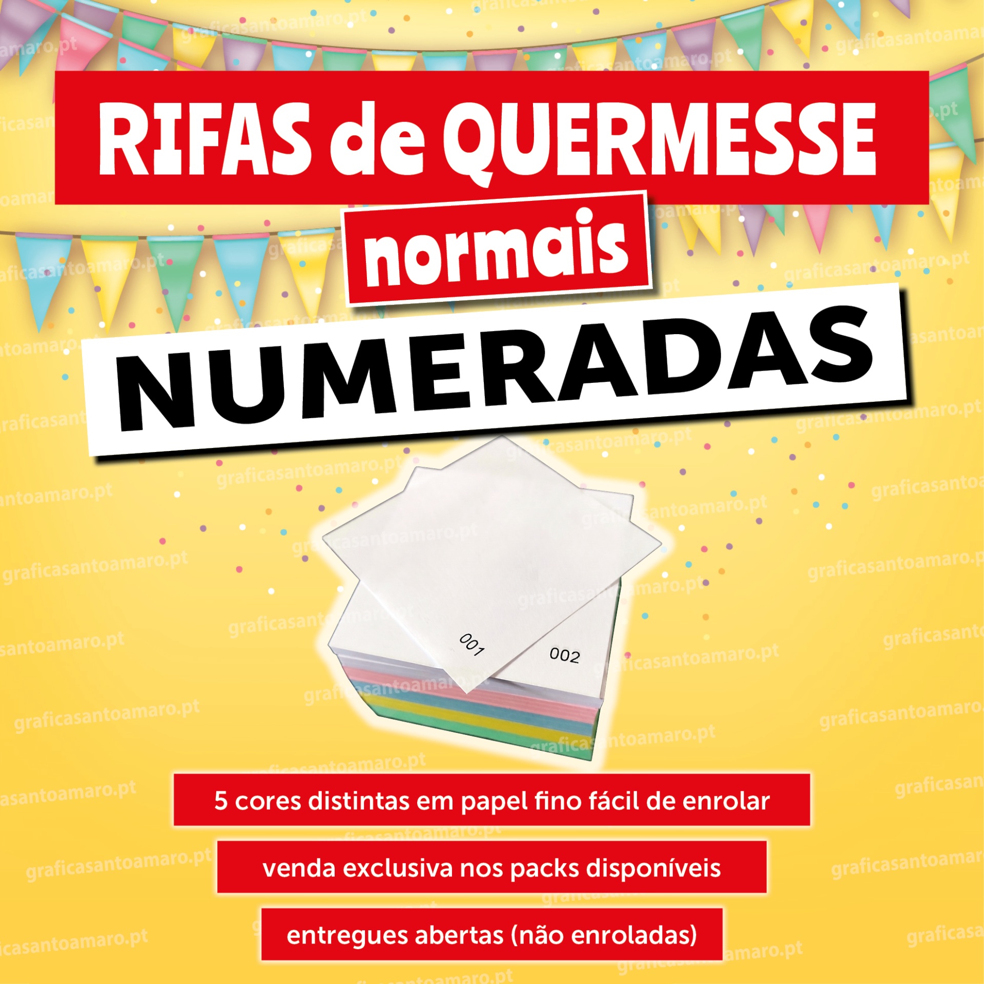 RIFAS DE QUERMESSE NORMAIS - NUMERADAS Promoção de rifas de quermesse numeradas com fichas coloridas e fundo amarelo